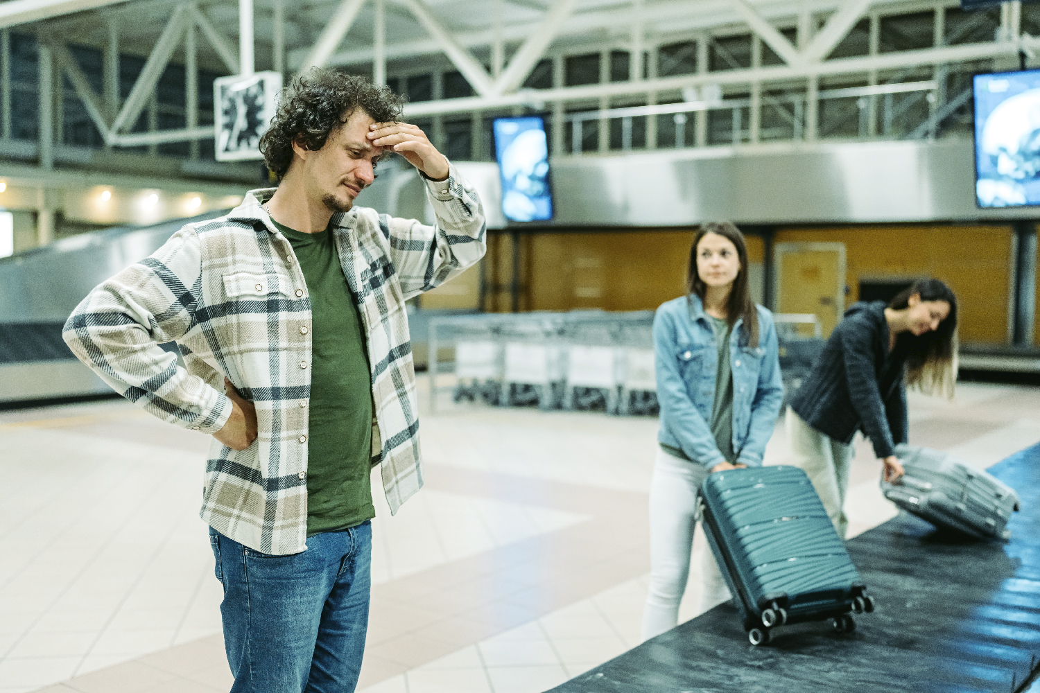 Vemos a una persona preocupada porque perdió su equipaje en el aeropuerto.